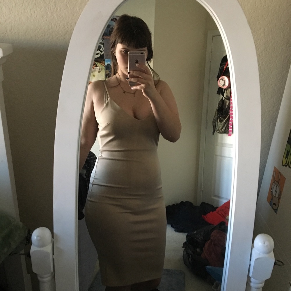 Fitted light pink/beige dress and White bodysuit!